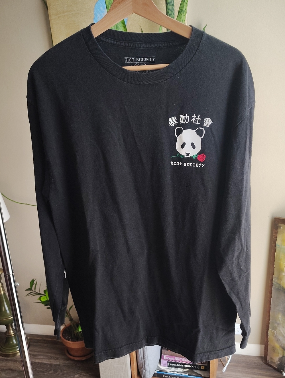 Men's Riot society Black Long-Sleeve Tee with White Panda and Red Rose